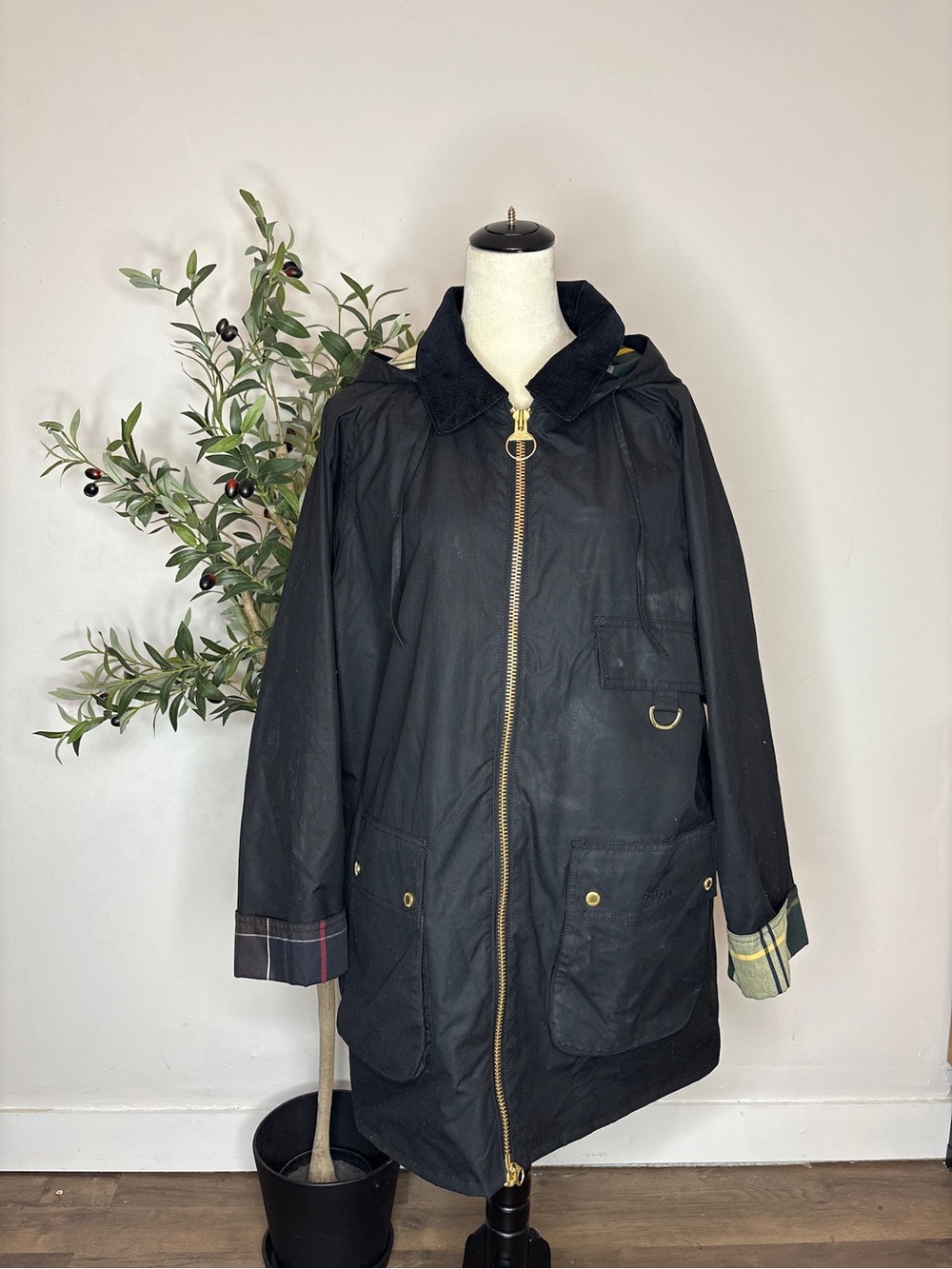 Barbour Black Hooded Waxed Cotton Coat with Contrast Plaid Cuffs